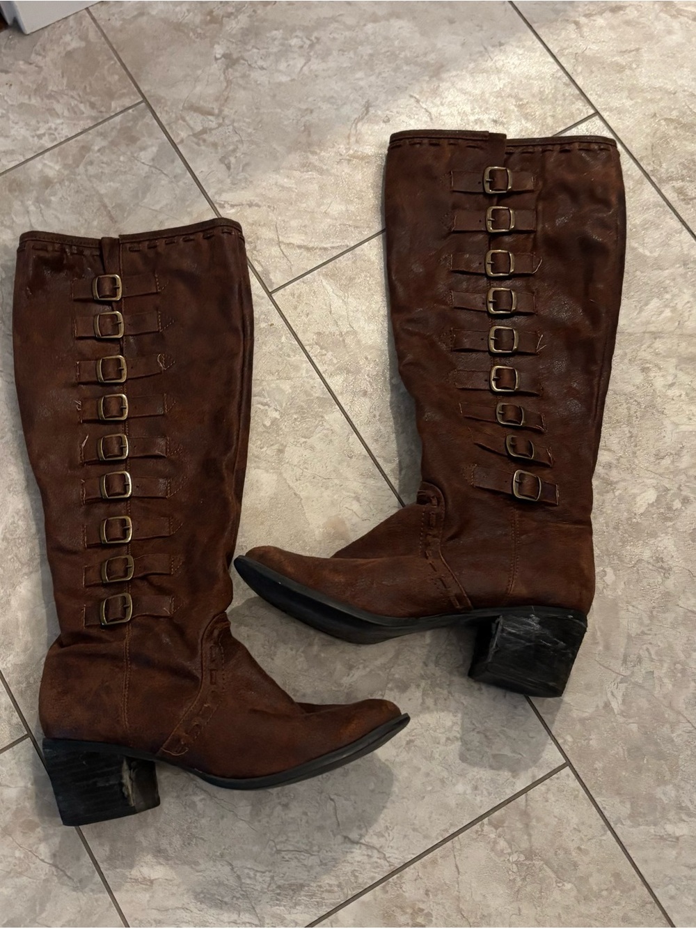 Not Rated Brown Knee-High Buckle-Trim Heeled Boots